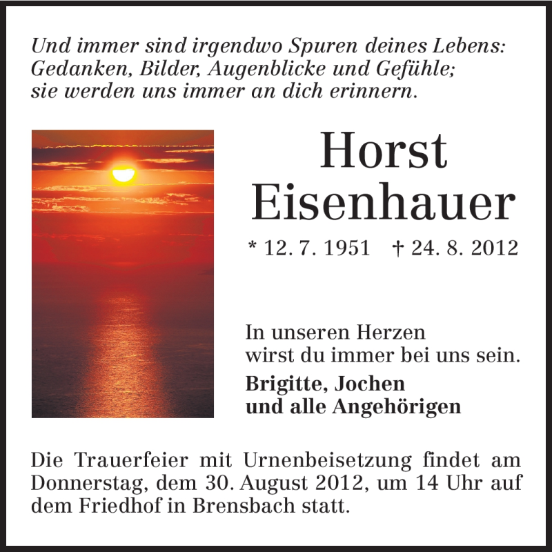  Traueranzeige für Horst Eisenhauer vom 28.08.2012 aus Echo-Zeitungen (Gesamtausgabe)