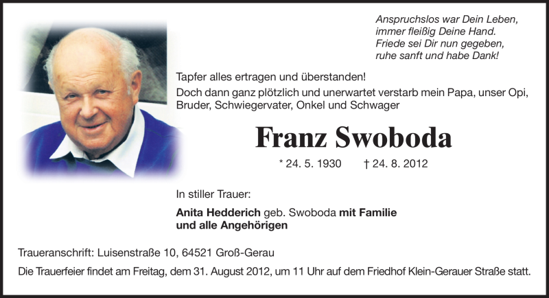  Traueranzeige für Franz Swoboda vom 29.08.2012 aus Rüsselsheimer Echo, Groß-Gerauer-Echo, Ried Echo