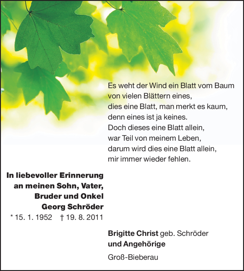  Traueranzeige für Georg Schröder vom 01.09.2012 aus Echo-Zeitungen (Gesamtausgabe)