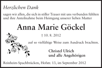 Traueranzeige von Anna Marie Göckel von Darmstädter Echo, Odenwälder Echo, Rüsselsheimer Echo, Groß-Gerauer-Echo, Ried Echo