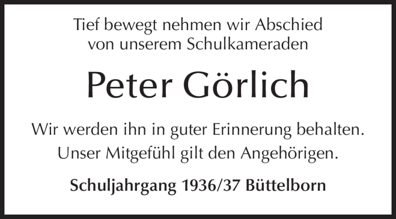  Traueranzeige für Peter Görlich vom 29.08.2012 aus Rüsselsheimer Echo, Groß-Gerauer-Echo, Ried Echo