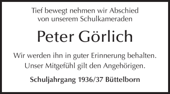 Traueranzeige von Peter Görlich von Rüsselsheimer Echo, Groß-Gerauer-Echo, Ried Echo