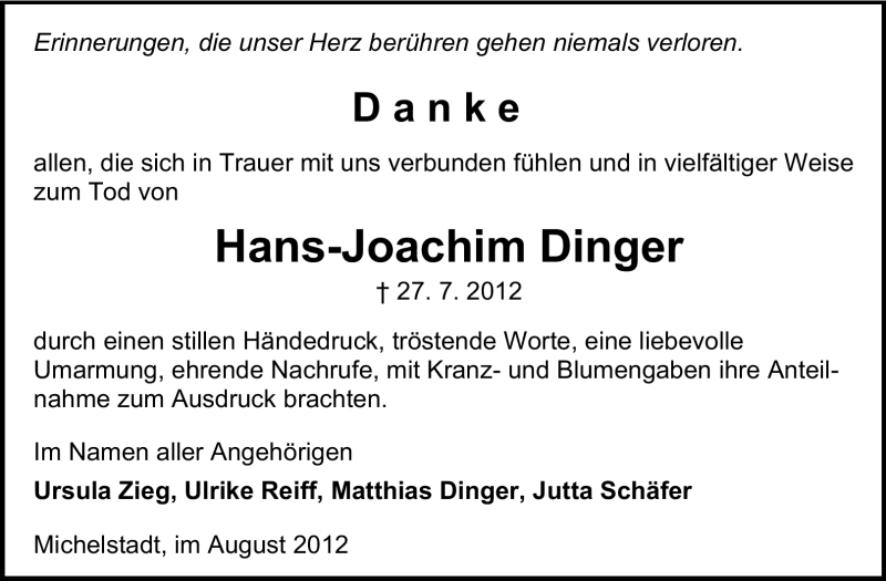  Traueranzeige für Hans-Joachim Dinger vom 29.08.2012 aus Odenwälder Echo