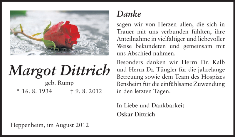  Traueranzeige für Margot Dittrich vom 31.08.2012 aus Starkenburger Echo