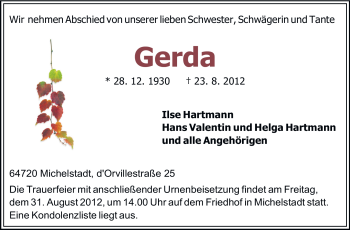 Traueranzeige von Gerda  von Odenwälder Echo