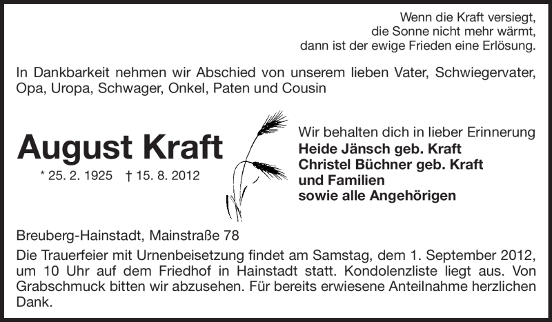  Traueranzeige für August Kraft vom 29.08.2012 aus Odenwälder Echo