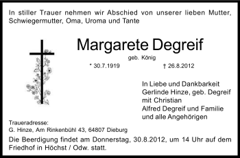 Traueranzeige von Margarete Degreif von Echo-Zeitungen (Gesamtausgabe)