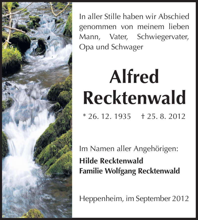  Traueranzeige für Alfred Recktenwald vom 06.09.2012 aus Starkenburger Echo