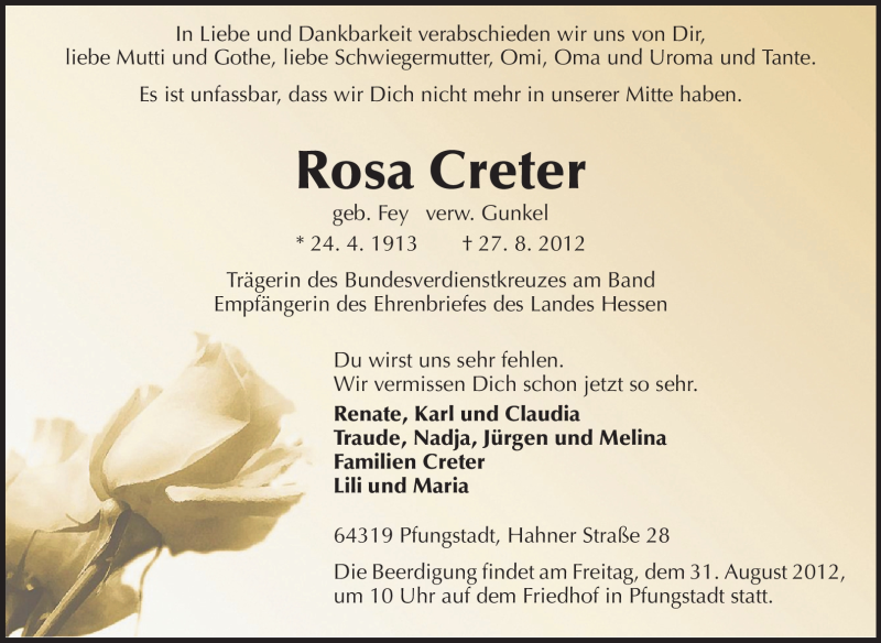  Traueranzeige für Rosa Creter vom 30.08.2012 aus Darmstädter Echo, Odenwälder Echo, Rüsselsheimer Echo, Groß-Gerauer-Echo, Ried Echo