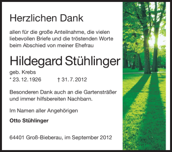 Traueranzeige von Hildegard Stühlinger von Echo-Zeitungen (Gesamtausgabe)