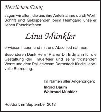 Traueranzeige von Lina Münkler von Echo-Zeitungen (Gesamtausgabe)