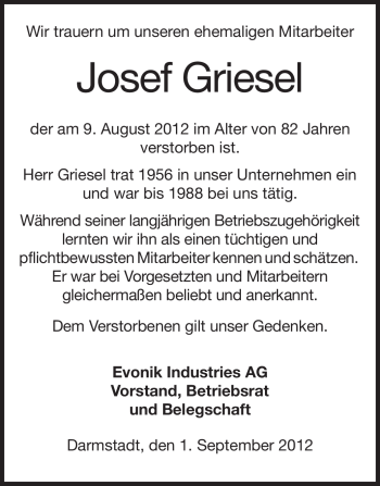 Traueranzeige von Josef Griesel von Echo-Zeitungen (Gesamtausgabe)