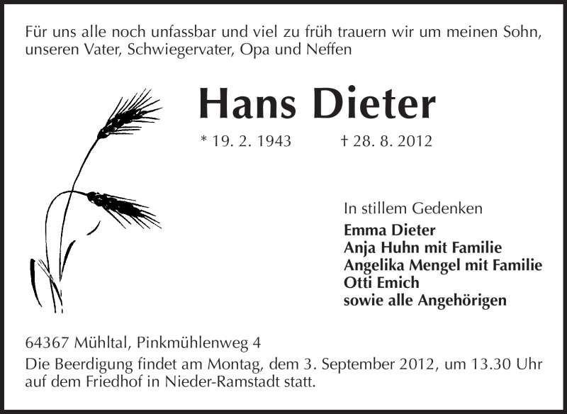  Traueranzeige für Hans Dieter vom 30.08.2012 aus Echo-Zeitungen (Gesamtausgabe)