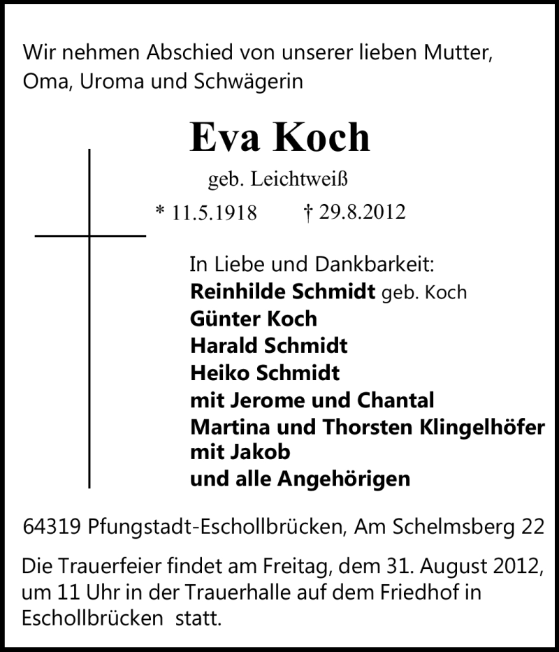  Traueranzeige für Eva Koch vom 30.08.2012 aus Echo-Zeitungen (Gesamtausgabe)