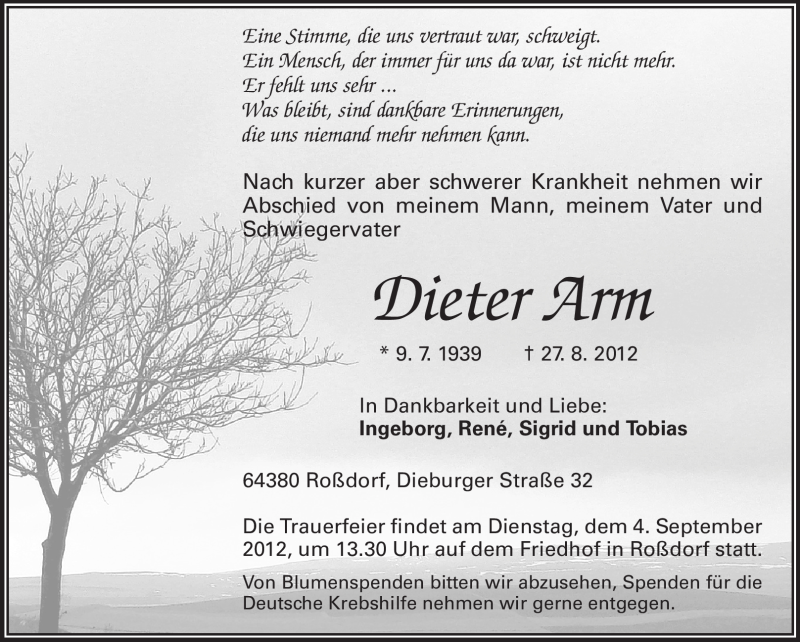  Traueranzeige für Dieter Arm vom 01.09.2012 aus Echo-Zeitungen (Gesamtausgabe)