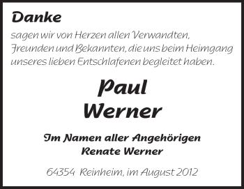 Traueranzeige von Paul Werner von Echo-Zeitungen (Gesamtausgabe)