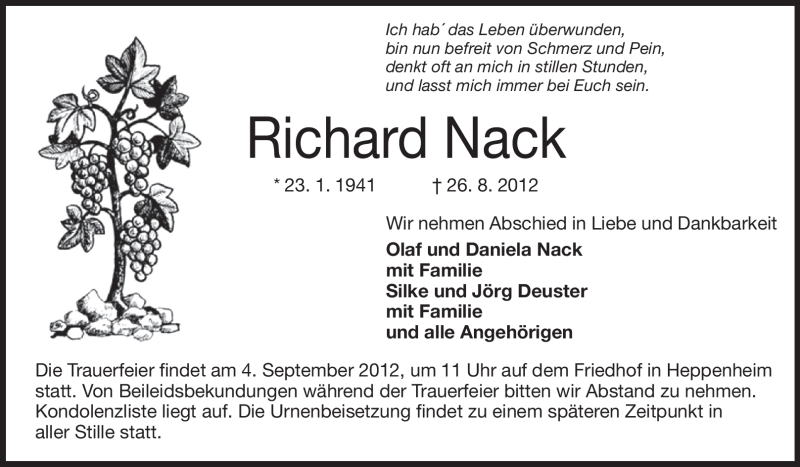  Traueranzeige für Richard Nack vom 31.08.2012 aus Starkenburger Echo
