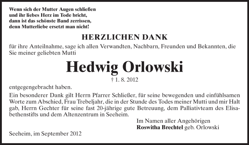  Traueranzeige für Hedwig Orlowski vom 01.09.2012 aus Echo-Zeitungen (Gesamtausgabe)
