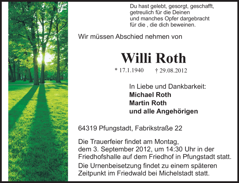 Traueranzeige für Willi Roth vom 01.09.2012 aus Echo-Zeitungen (Gesamtausgabe)