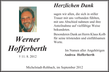 Traueranzeige von Werner Hofferberth von Odenwälder Echo