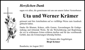 Traueranzeige von Uta Krämer von Rüsselsheimer Echo, Groß-Gerauer-Echo, Ried Echo