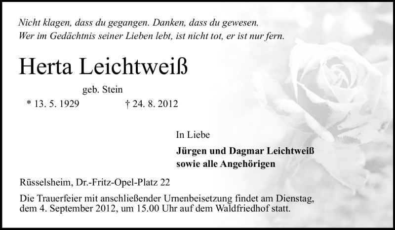  Traueranzeige für Herta Leichtweiß vom 01.09.2012 aus Rüsselsheimer Echo, Groß-Gerauer-Echo, Ried Echo