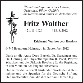 Traueranzeige von Fritz Walther von Odenwälder Echo