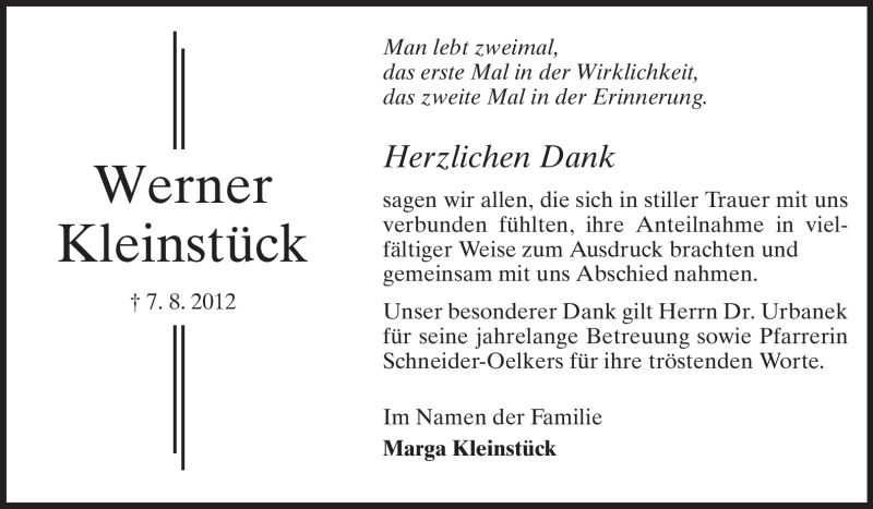  Traueranzeige für Werner Kleinstück vom 01.09.2012 aus Rüsselsheimer Echo, Groß-Gerauer-Echo, Ried Echo