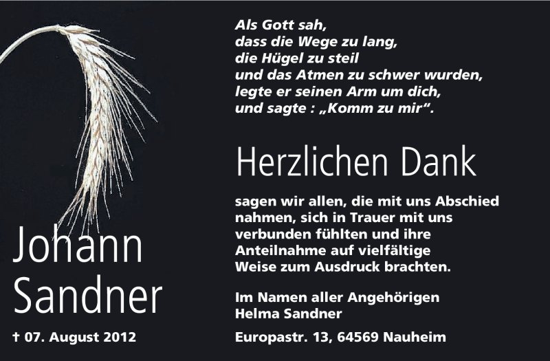  Traueranzeige für Johann Sandner vom 01.09.2012 aus Rüsselsheimer Echo, Groß-Gerauer-Echo, Ried Echo
