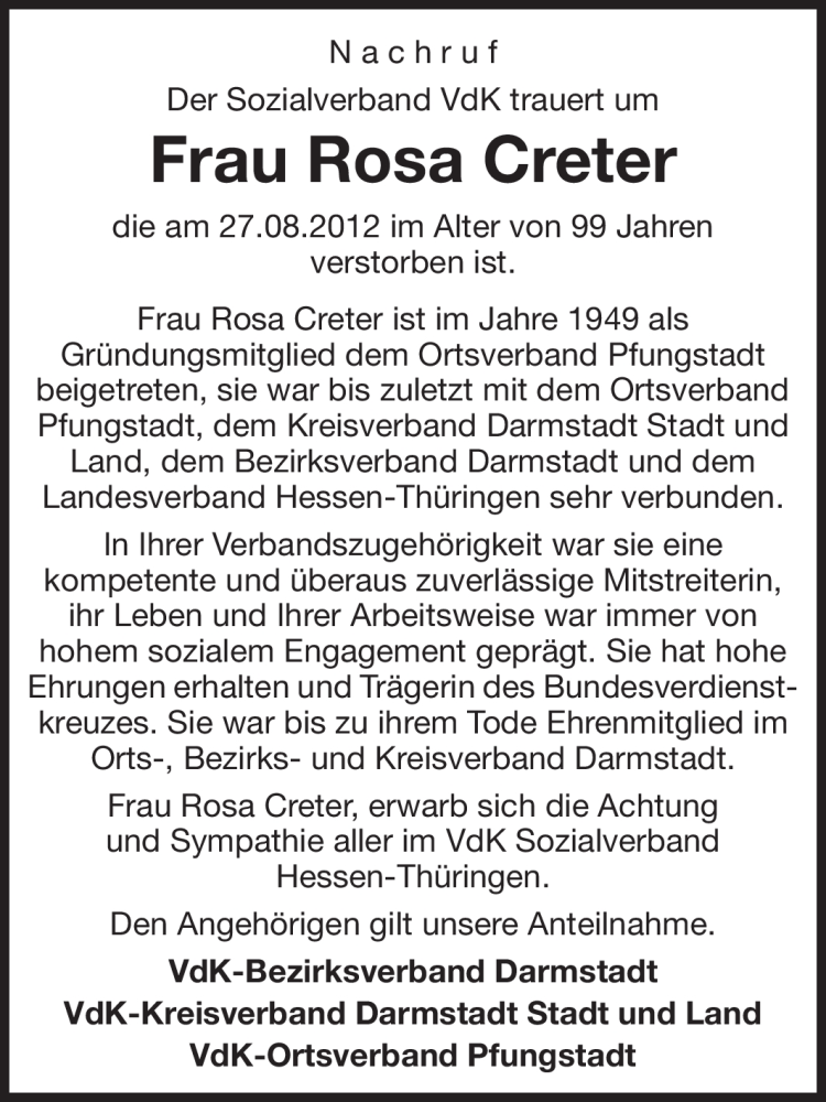  Traueranzeige für Rosa Creter vom 01.09.2012 aus Echo-Zeitungen (Gesamtausgabe)