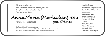 Traueranzeige von Anna Maria Rau von Rüsselsheimer Echo, Groß-Gerauer-Echo, Ried Echo