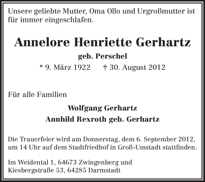  Traueranzeige für Annelore Henriette Gerhartz vom 01.09.2012 aus Echo-Zeitungen (Gesamtausgabe)