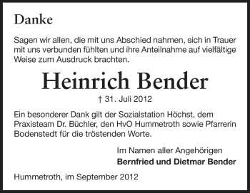 Traueranzeige von Heinrich Bender von Odenwälder Echo