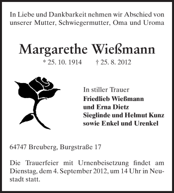Traueranzeige von Margarethe Wießmann von Odenwälder Echo