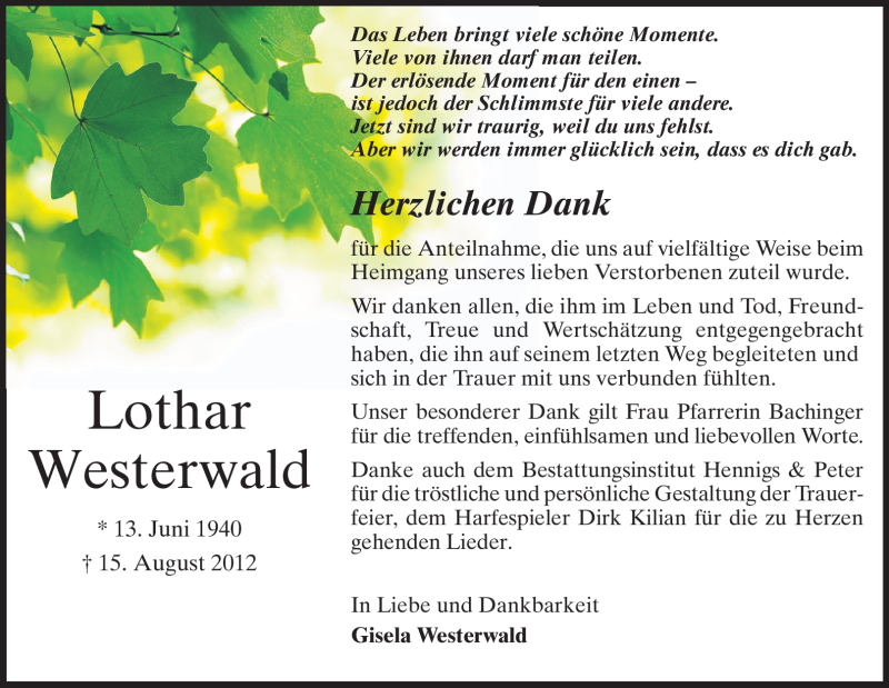  Traueranzeige für Lothar Westerwald vom 08.09.2012 aus Echo-Zeitungen (Gesamtausgabe)