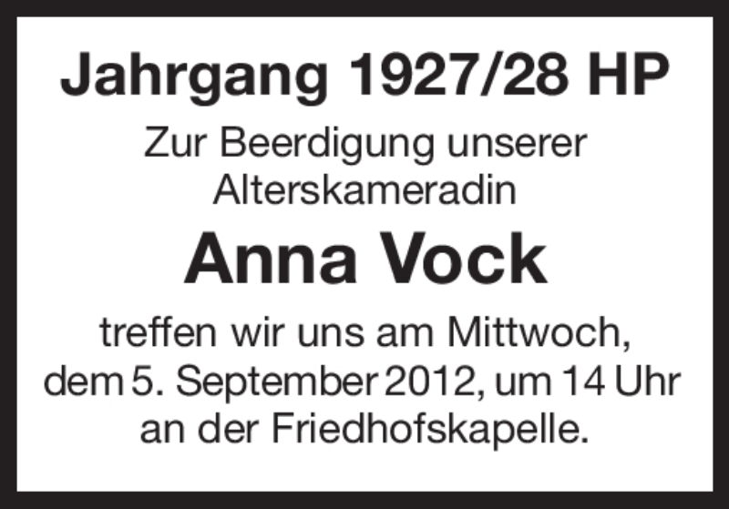  Traueranzeige für Anna Vock vom 04.09.2012 aus Starkenburger Echo