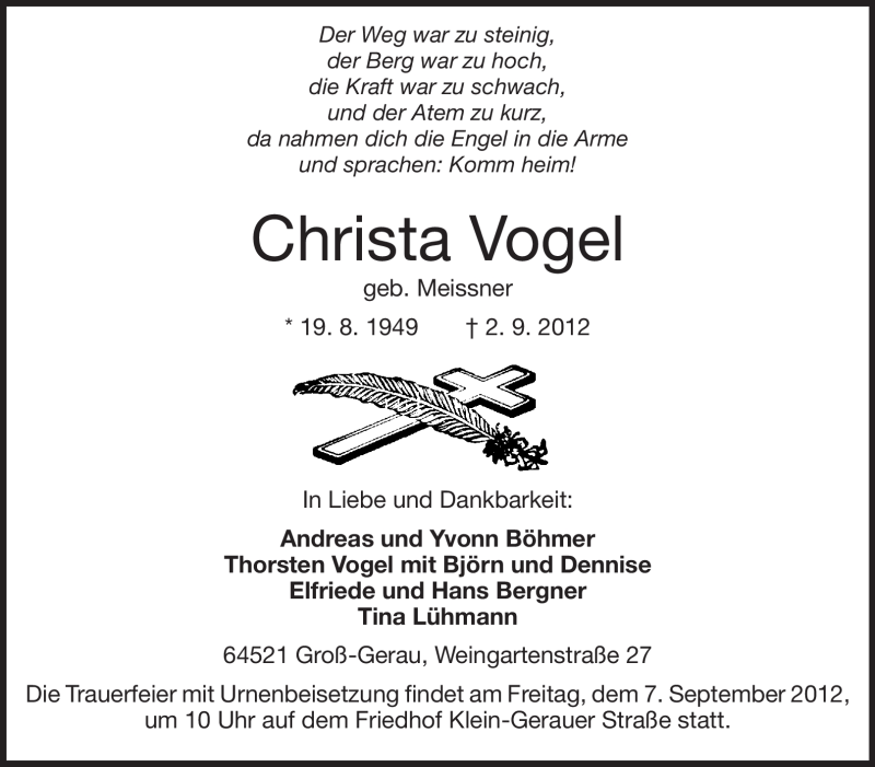  Traueranzeige für Christa Vogel vom 04.09.2012 aus Rüsselsheimer Echo, Groß-Gerauer-Echo, Ried Echo
