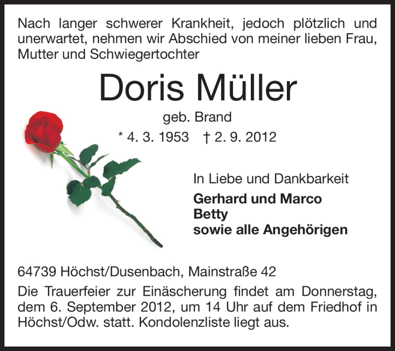  Traueranzeige für Doris Müller vom 04.09.2012 aus Odenwälder Echo