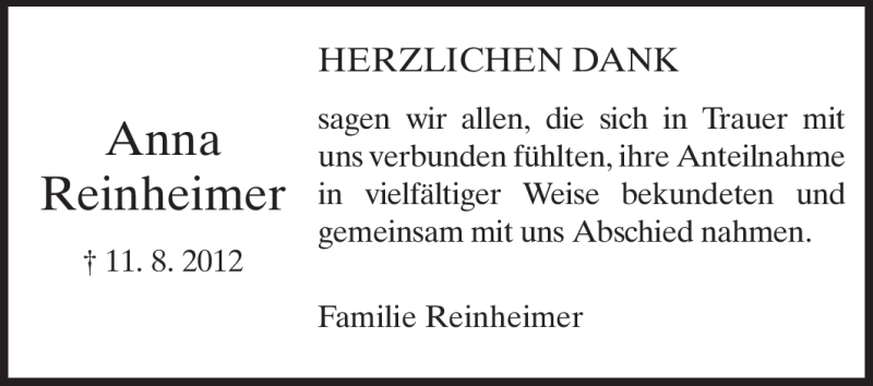  Traueranzeige für Anna Reinheimer vom 08.09.2012 aus Echo-Zeitungen (Gesamtausgabe)
