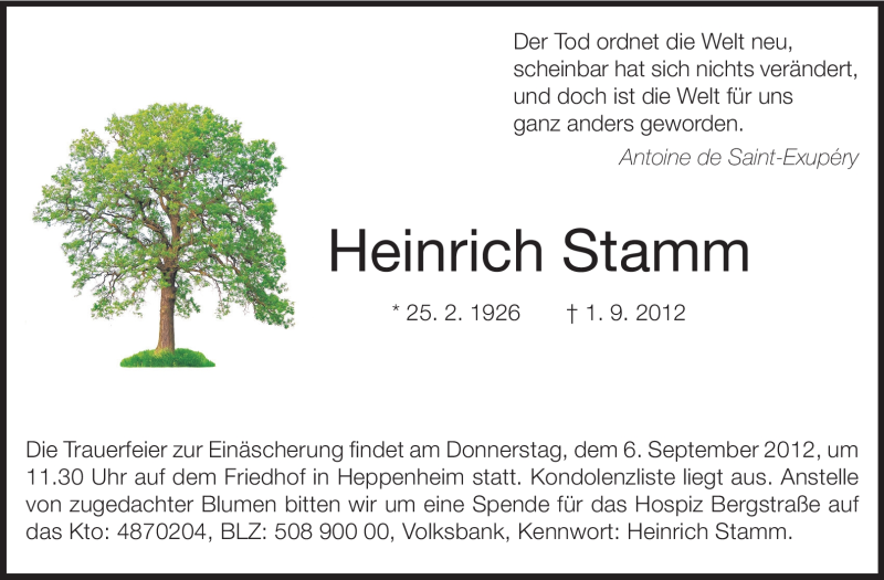  Traueranzeige für Heinrich Stamm vom 04.09.2012 aus Starkenburger Echo