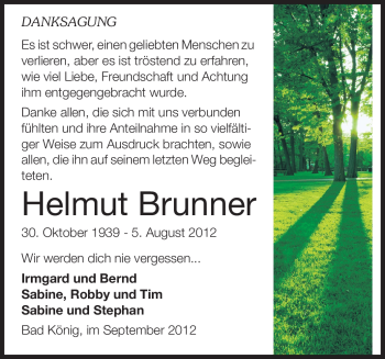 Traueranzeige von Helmut Brunner von Odenwälder Echo