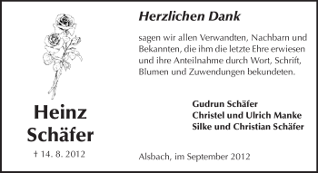 Traueranzeige von Heinz Schäfer von Darmstädter Echo, Odenwälder Echo, Rüsselsheimer Echo, Groß-Gerauer-Echo, Ried Echo