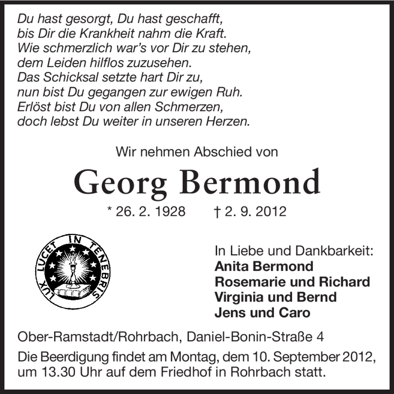  Traueranzeige für Georg Bermond vom 05.09.2012 aus Echo-Zeitungen (Gesamtausgabe)