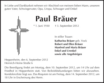 Traueranzeige von Paul Bräuer von Starkenburger Echo