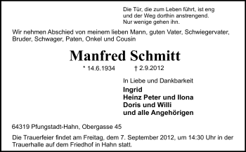 Traueranzeige von Manfred Schmitt von Echo-Zeitungen (Gesamtausgabe)
