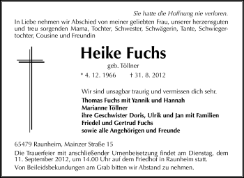 Traueranzeige von Heike Fuchs von Rüsselsheimer Echo, Groß-Gerauer-Echo, Ried Echo