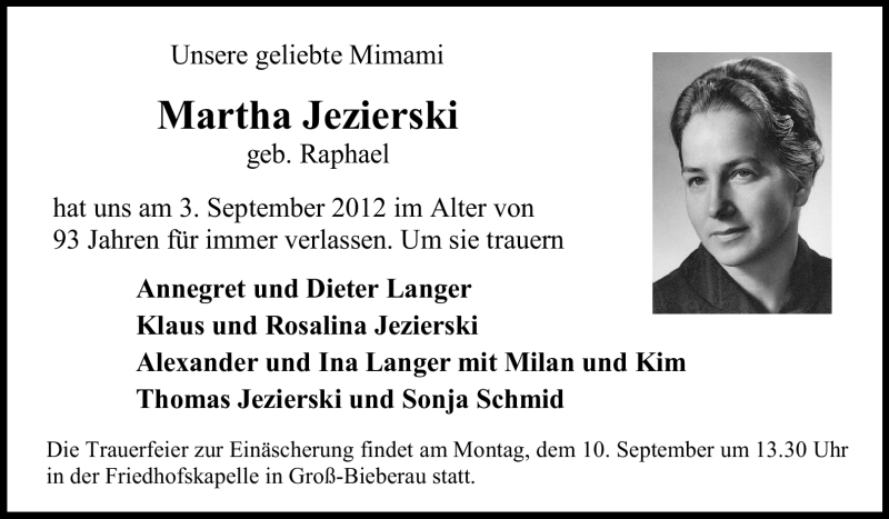  Traueranzeige für Martha Jezierski vom 05.09.2012 aus Echo-Zeitungen (Gesamtausgabe)