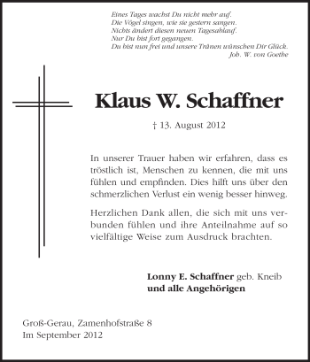 Traueranzeige von Klaus Schaffner von Rüsselsheimer Echo, Groß-Gerauer-Echo, Ried Echo