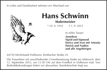 Traueranzeige von Hans Schwinn von Odenwälder Echo