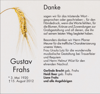 Traueranzeige von Gustav Frahs von Starkenburger Echo
